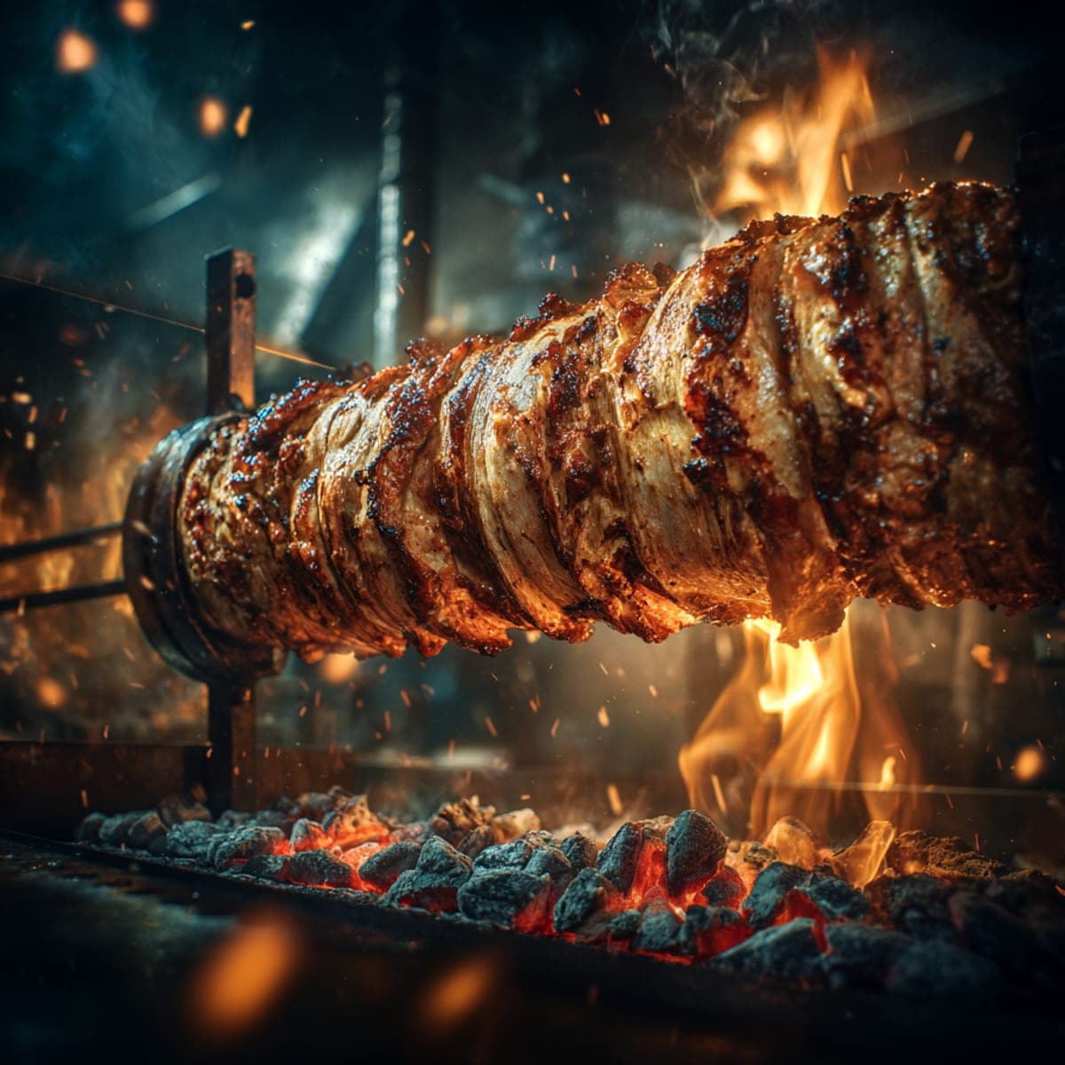Rotisserie lamb cağ kebab roasting over glowing charcoal, sparks and flame around the dark, moody spit.