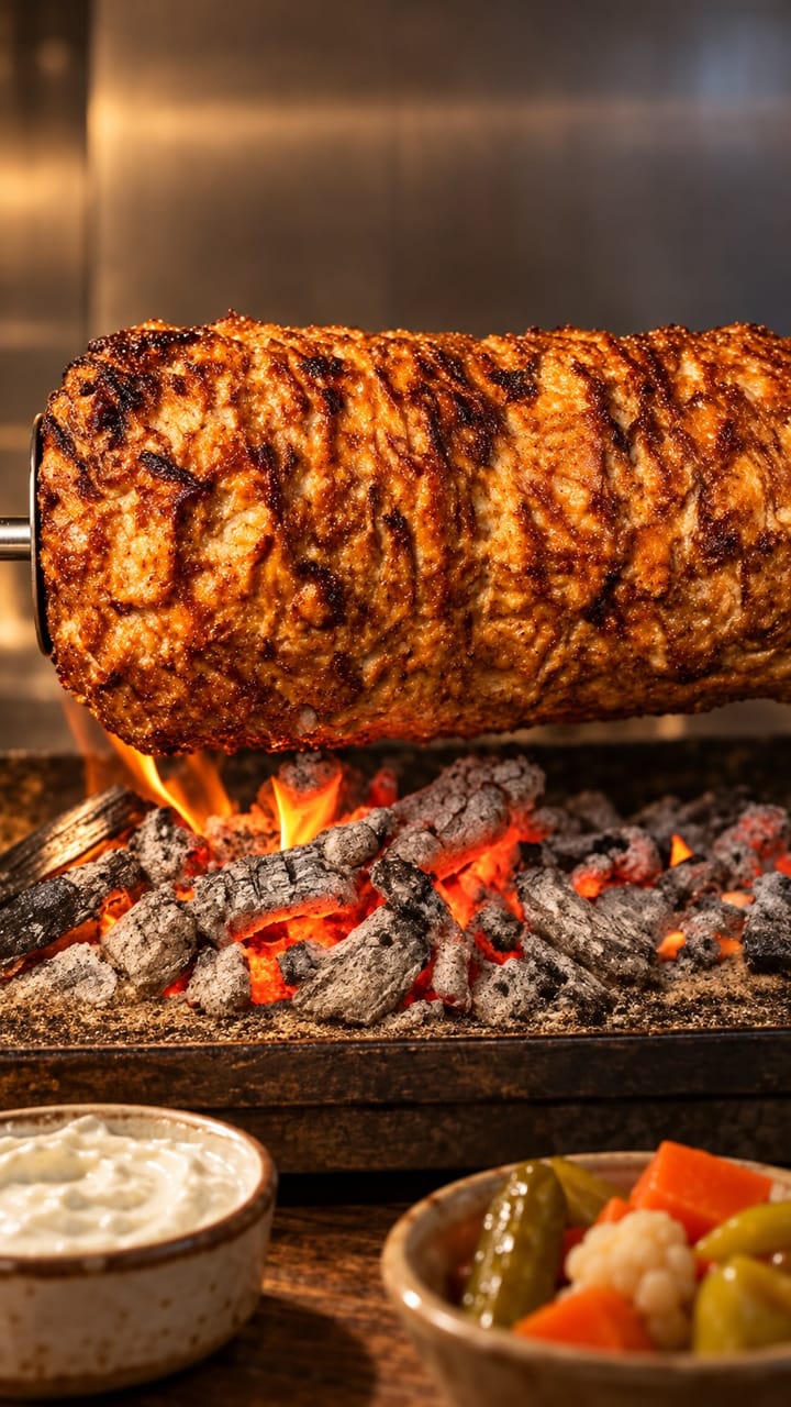 A large meat roll on a rotisserie spit above glowing charcoal embers with open flame, a bowl of white sauce and a bowl of torshi in the foreground.